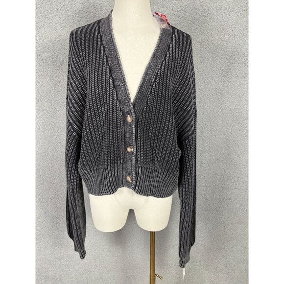 Roxy Women's Phantom Gray Cropped Button-Front Knit Cardigan Sweater XL NWT's - Picture 1 of 8